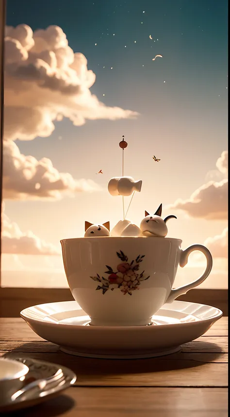 Create a whimsical scene of floating teacups, each with cute whimsical creatures like marshmallow inside, parading through the sky in a playful tea party in the clouds, make it like a movie poster, add cinematic feel,