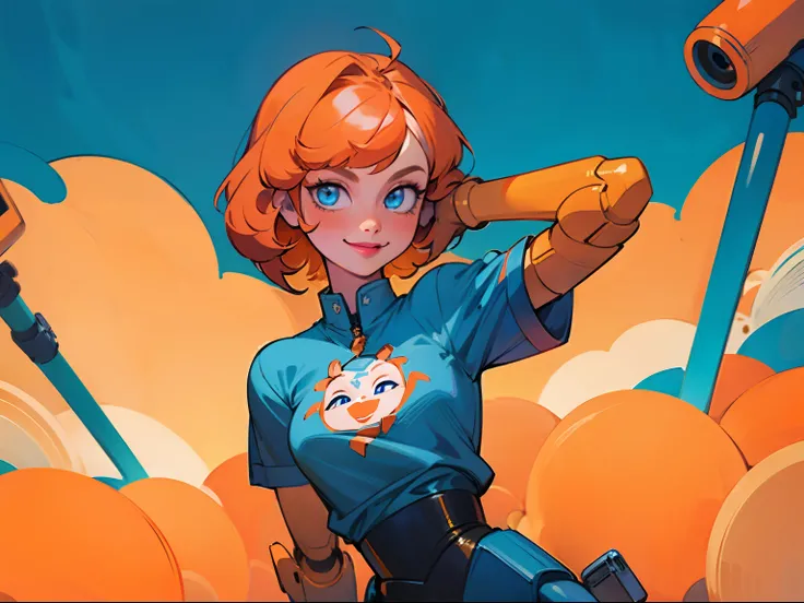 ((solo)), girl, short hair, fluffy hair, orange hair, smile, blue lipstick, blue eyes, blue shirt, robotic arm, arms down, view from above