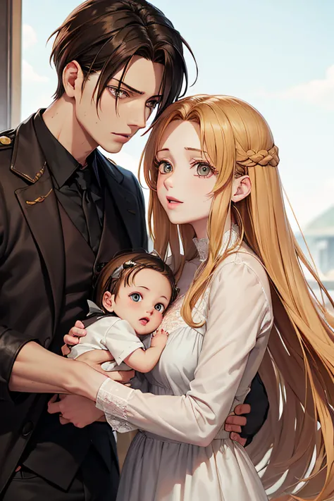 Levi Ackerman from AOT and a women with brown/blonde hair with free forehead, holding togheter a babygirl with brown hair