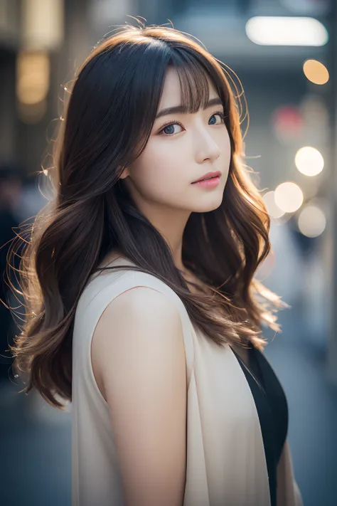 A Japanese Lady、Beautiful wavy hair、Blonde Gal、Dark eyes、Dating in the city center、holiday、Girly outfits、Winters、Facing this way、Emphasize the valley、High resolution、Realistic、Beautiful、Japanese ido、fashion modell、Photography、Upper body beyond limits、Reali...