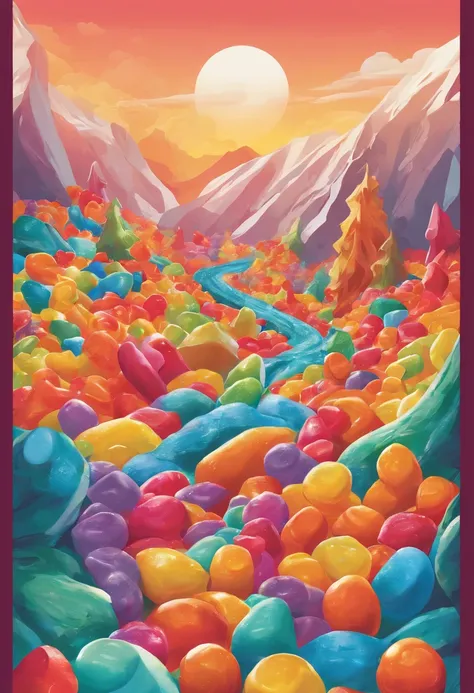 Design a fantastical landscape where gummy bears cascade down a mountainside like an avalanche, with little gummy bear climbers attempting to conquer the sugary peaks