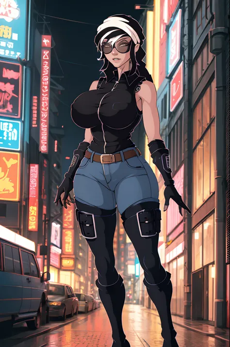 masterpiece, best quality, 1girl, tilda, glasses, black hair,  solo, huge breasts, blue eyes,  pants, jeans, black sleeveless sh...