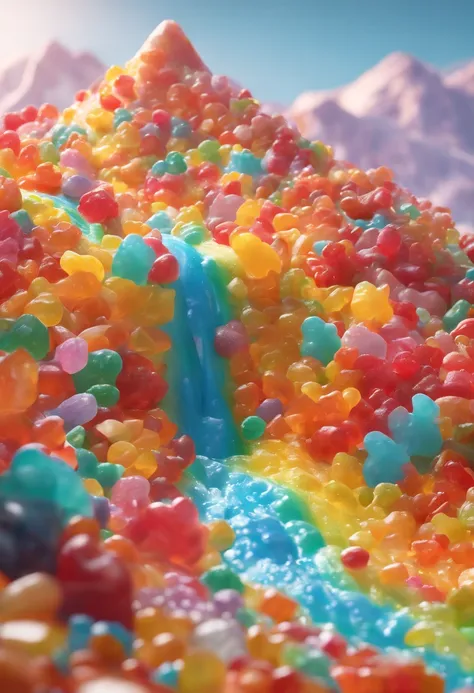 Design a fantastical landscape where gummy bears cascade down a mountainside like an avalanche, with little gummy bear climbers attempting to conquer the sugary peaks