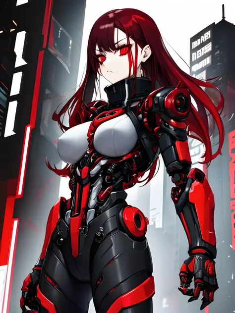 a cyberpunk girl, red hair, red eyes that stand out, brunette, gothic, Robotic Exoskeleton