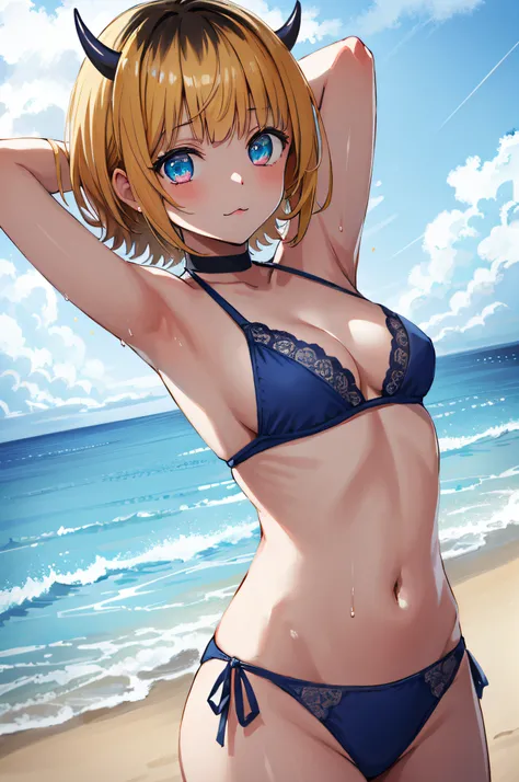 1girl, memcho, blonde hair, blue eyes, blunt bangs, demon horns, fake horns, horns, short hair,
BREAK (blue bikini:1.2), medium breasts, Naked, Exposed skin, Wet skin, (arms behind head, armpits),
BREAK sea, beach, 
BREAK looking at viewer, 
BREAK (masterp...