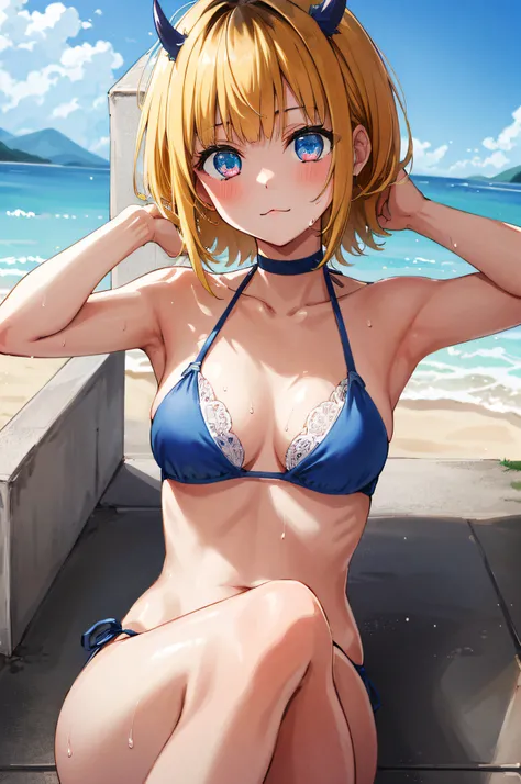 1girl, memcho, blonde hair, blue eyes, blunt bangs, demon horns, fake horns, horns, short hair,
BREAK (blue bikini:1.2), medium breasts, Naked, Exposed skin, Wet skin, (arms behind head, armpits), M-legs, Sitting,
BREAK sea, beach, 
BREAK looking at viewer...