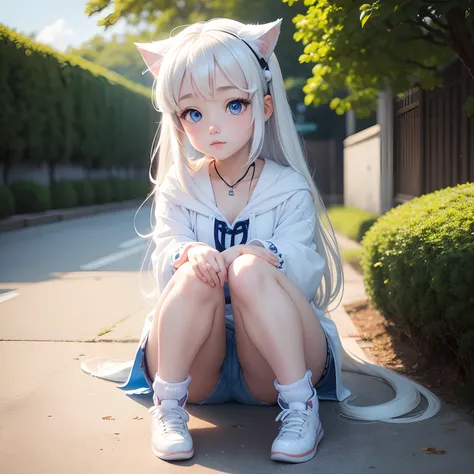 Very cute anime ai puppy, white colour, blue eyes, beautiful background.