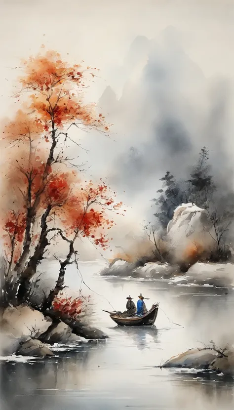 Chinese landscape painting，ink and watercolor painting，water ink，ink，Smudge，Faraway view，Ultra-wide viewing angle，Meticulous，Fishing boat vistas，Meticulous，Smudge，low-saturation，Low contrast，Fishing alone in the cold river snow，snow landscape，Beautifully d...