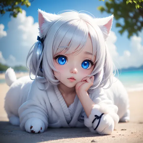 Very cute anime ai puppy, white colour, blue eyes, beautiful background.