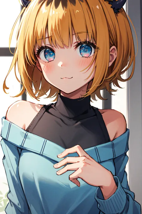 1girl in, MEMcho, Blonde hair, Blue eyes, Blunt bangs, Demon Horns, fake horns, Horns, Short hair,
BREAK bare shoulders, Black skirt, (Blue sweater:1.5), Long sleeves, off shoulders, off-the-shoulder sweater, Puffy sleeves, Skirt, Sweaters, White ribbon, S...