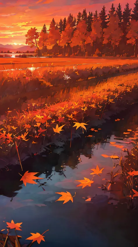 masterpiece,best quality,lycoris,flower field,depth of field,dusk,orange sky,sunset,glow,lake,autumn,maple,fallen leaves