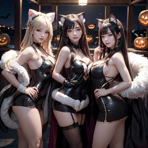 (masterpiece:1.3), top-quality, top-quality, Beautifully Aesthetic:1.2, ((3girls)), Halloween night, 
((Three girls are Wearing a high-quality Cat costume of fur, gloves of Cat, fur miniskirt):1.2), 
(Left girl is Red Cat), (Middle girl is Black Cat), (Rig...