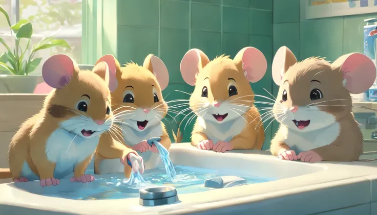 (Realistic, photorealistic portrait: 1.37),mouse,  And his two brothers, mice brushing teeth, fun action., This makes brushing teeth a friendly competition to see who can make the most foam..