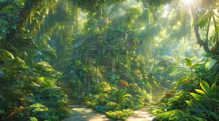 Digital illustration, Detailed and intricate, The dense jungle is full of exotic plants and animals, Sunlight shines through the canopy，Produces a mottled effect. In the style of Yoshitaka Amano and Hayao Miyazaki, Masterpiece, Proportional, Detailed, tren...