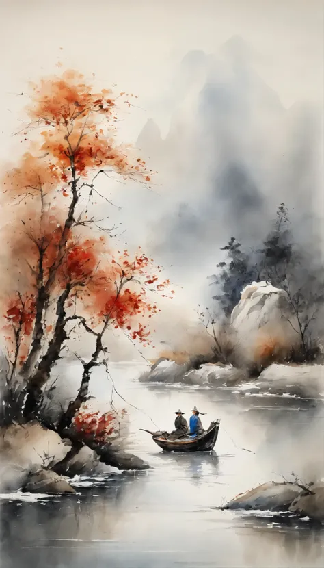 Chinese landscape painting，ink and watercolor painting，water ink，ink，Smudge，Faraway view，Ultra-wide viewing angle，Meticulous，Fishing boat vistas，Meticulous，Smudge，low-saturation，Low contrast，Fishing alone in the cold river snow，snow landscape，Beautifully d...