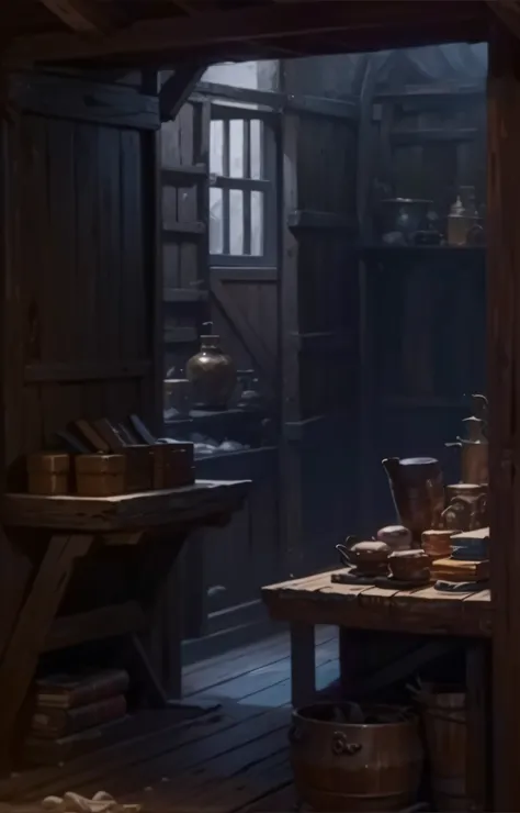 Book case，Treasure chests，Masterpiece, Realistic image of a rustic medieval shop. Genre fantasy, fiction，Stores，Treasure chests，chai，crystal sphere，nerds，32K ，（tmasterpiece，top-quality，best qualityer，offcial art），（8K，best qualityer，tmasterpiece：1.2），（（（whi...