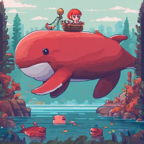 Fantastic atmosphere，Red-haired girl perched on fat red whales, cute images, Whales floating in the air, Fantastic forest background