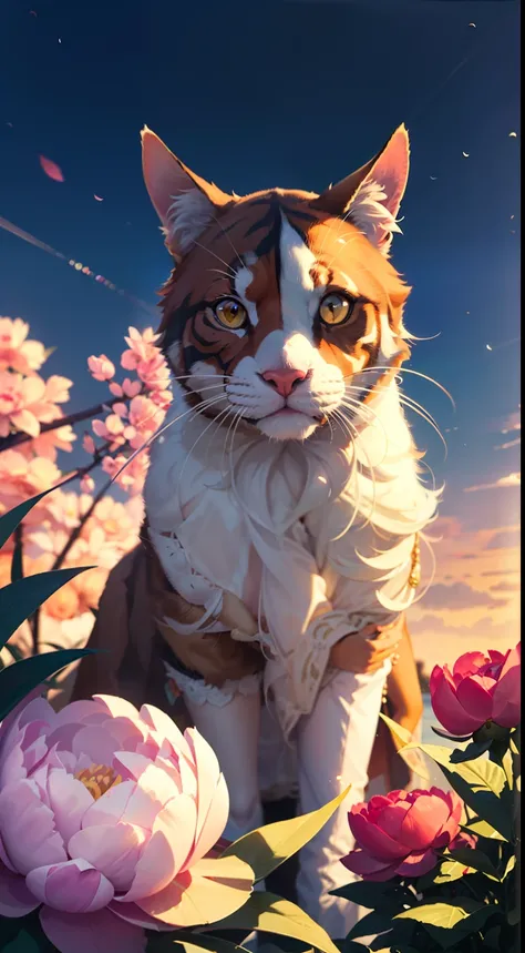 DreamShaper:3.2, Photography, BotanicalUSA,  Peonies, a red fluffy maincoon, neon clouds, soft Light, bokeh , macro, no add human, no add hand, macro