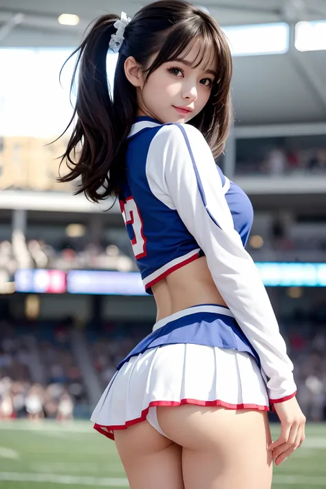 cheerleader,little smile,cheer leading,cheerleader uniform, (((masterpiece))), (((best quality))), ((ultra-detailed)), (illustration), ((an extremely delicate and beautiful)),(bokeh,blurry background),(best shadow), 1girl,white panties, black hair, long ha...