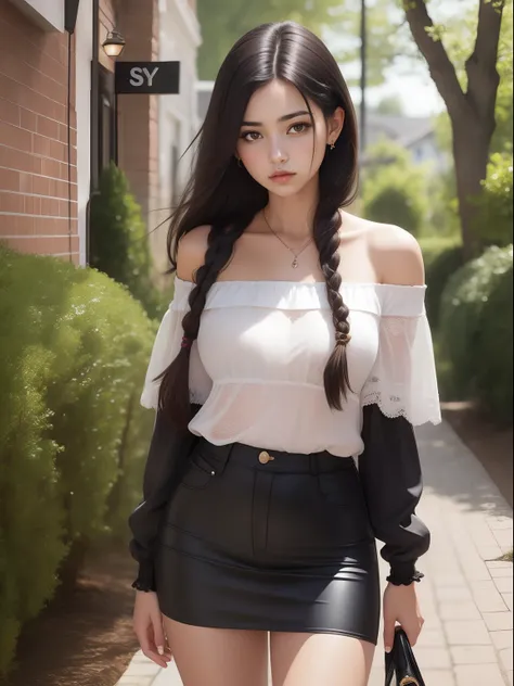 1 girl, best quality, masterpiece, realistic, off-the-shoulder outfit, black  hair, braided into a loose braid, coast, skye