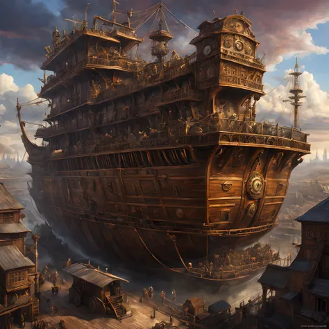 Composition: Create a captivating and visually striking scene within the intricate steampunk world. The central focus of the image should be the majestic Noahs Ark, prominently positioned in the foreground. The composition should emphasize the grandeur of ...