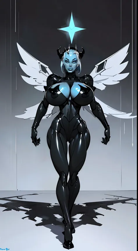 8k ((full body view:1.5)) (large eyes:1.3), defined cheekbones, 1woman, ((pointy horns:1.7)), ((the pit style:1.4))((defined jawline:1.2)) ((sleek chrome bodysuit:1.6)) (detailed face:1.5), blue skin,(puffy lips:1.5) (blue skin:1.6), (bald woman:1.7), (ski...