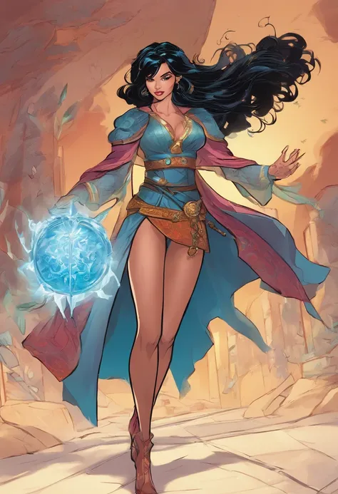 Black hair,Female mage,Open high slit long skirt,high-heels,Holding a gemstone magic staff,Ice magic