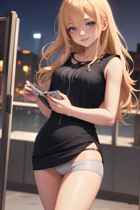 ((Currently, a cute and beautiful woman is changing her underwear)), ((22-year-old beauty)), ((embarrassed smile)), ((luscious long hair)), ((miniskirt)), (( Gradient Eyes)), ((Background is a city night view)), Attractive Makeup, Scenery, NFSW, UHD, Retin...