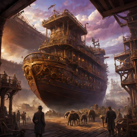 Composition: Create a captivating and visually striking scene within the intricate steampunk world. The central focus of the image should be the majestic Noahs Ark, prominently positioned in the foreground. The composition should emphasize the grandeur of ...