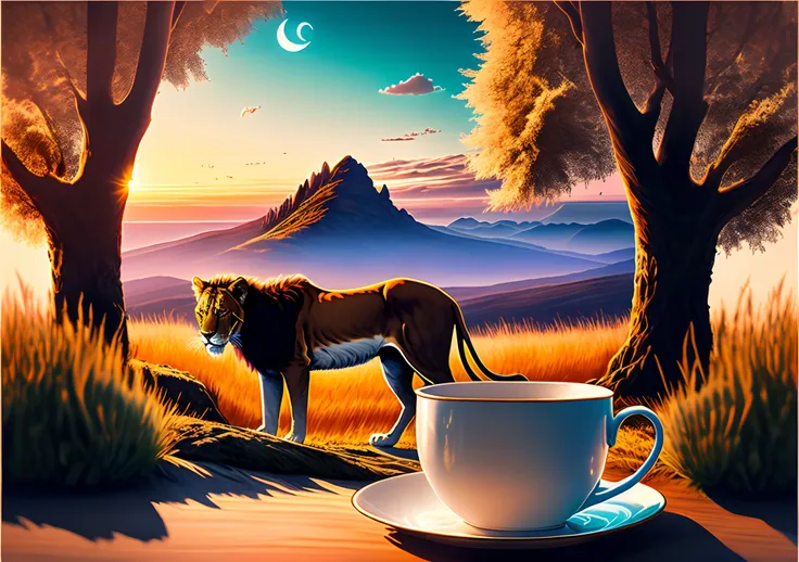 Capture the serene beauty of a lone cup of tea, perched on a mountains edge, under a captivating cloudy evening sky. As the sun gently kisses the horizon, casting enchanting shadows from the surrounding trees, a majestic lion stands nearby, adding a touch ...