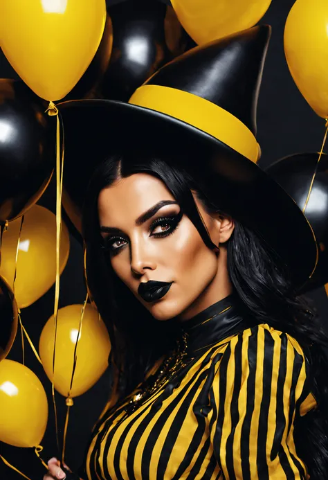 Kim Kardashian in a witch costume with yellow and black balloons in her hands, Sexy, Hot, in a halloween style, goth clown girl, (Yellow) and black tones, sexy outfit, Hot Hottie, 8K , Kim Kardashian Gothic Clown, (Yellow & black), creepy clown girl, 🍂 Cut...