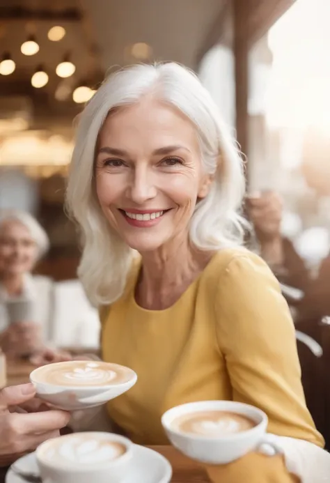 (((Drinking coffee at a café and smiling brightly with 2 friends))) Women around 60 years of age, Natural white hair, Slender and elegant, beautiful, ultra sharp focus, Realistic shots, Yellow dress