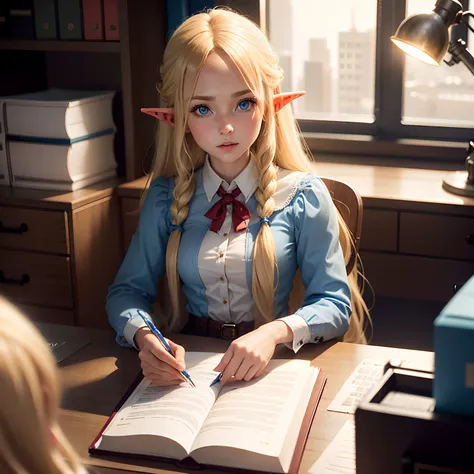 a young blonde elf girl with long hair and blue eyes, working at her desk, talking to an orc in the office.