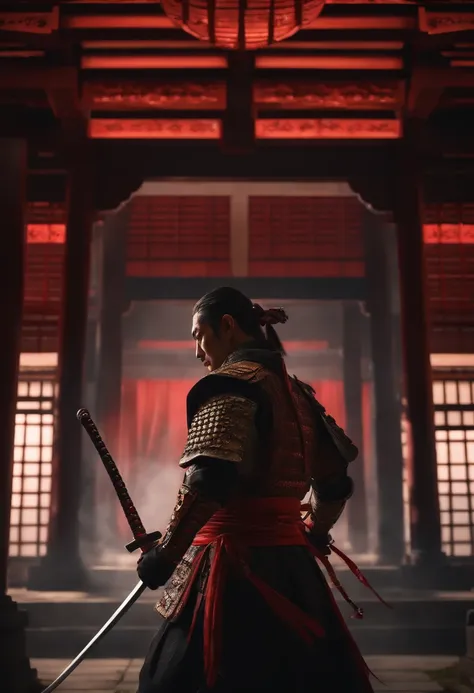 (best quality,ultra-detailed,realistic:1.37),dark-clothed (warrior,samurai), stolen components, swords emitting a red glow, side-by-side, Japanese architectural background