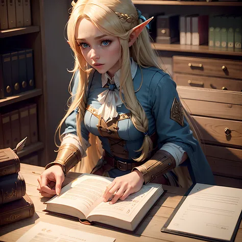 a young blonde elf girl with long hair and blue eyes, working at her desk, talking to an orc in the office.