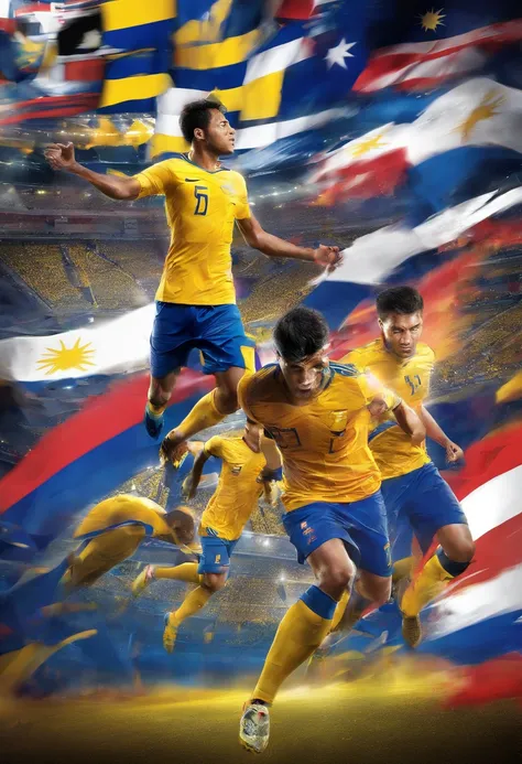 Design a photo realistic dynamic poster featuring  3 Malaysia football team players in action, with a backdrop of passionate fans waving Malaysian flags. The poster prominently features the teams iconic yellow jerseys with black tiger stripes, showcasing t...