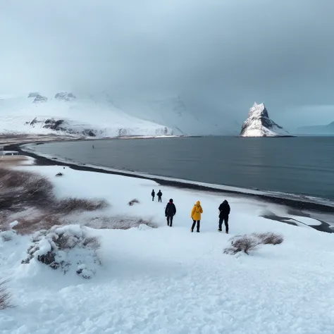 People walking on snowy beaches，The background is a mountain, iceland photography, iceland landscape photography, Snow-capped fjords, iceland, snowy arctic environment, Baraskas, with a snowy mountain and ice, author：Andrei Kolkoutine, eftir Þórarinn B. Th...