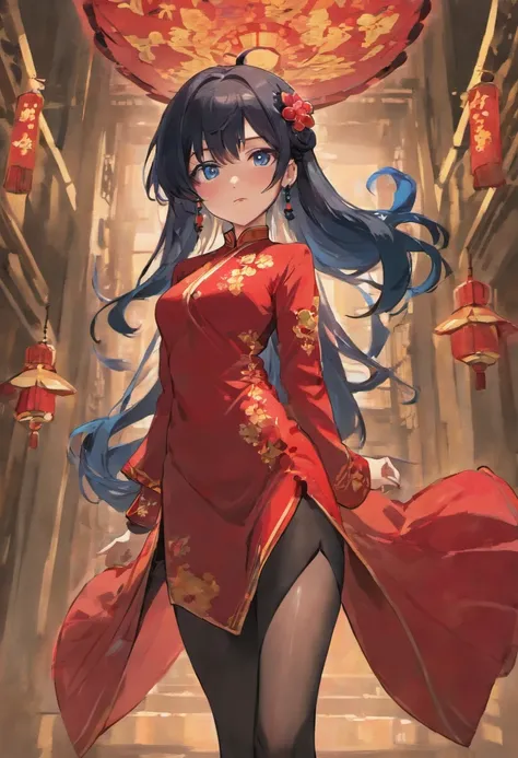 Long black hair,Red cheongsam,Open high slit,Black stockings,Pendant earrings,Blue Qigong