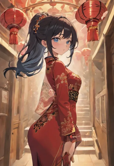 Long black hair,Red cheongsam,Open high slit,Black stockings,Pendant earrings,Blue Qigong