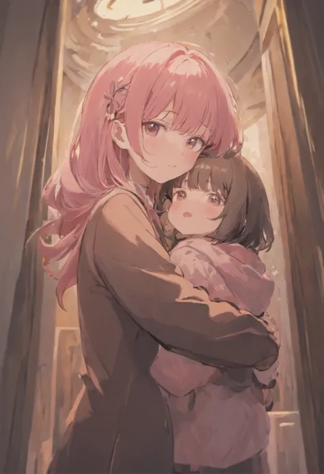 mothers, Pink hair, Bangs patsun, Brown clothes, Hugging baby girl, Long Black Hair, Bangs, Newborn clothing, childs room