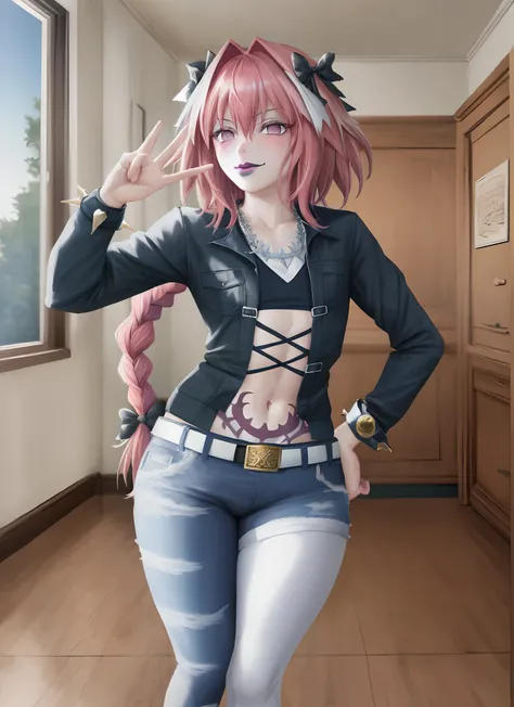 (masterpiece:1.2), ultra-detailed, illustration, absurdres, Astolfo, long braid, looking at viewer, purple eyes, hair between eyes, striped, collarbone, hair bow, 1boy, black bow, male focus, otoko no ko, solo, pink hair, single braid, long hair, hair inta...