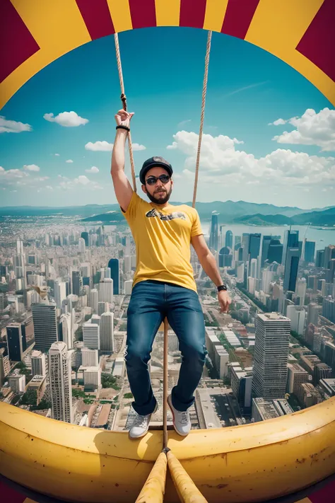 Illustrate a comical scene with a character balancing a top a giant banana peel on a tightrope high above a surreal banana cityscape, closeup, movie poster,  surreal,