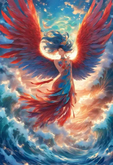 A mythical crimson and azure plumed bird diving down, talons grasping a drowning girl from raging waves. The bird lifts her into the air and sunlight, wings enclosing her protectively. Painted in fantastical Eastern style with bold colors and thick texture...