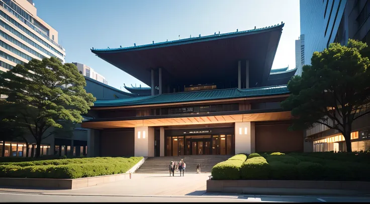 High-definition photographic images、full-shot、Eye level、In front of the concert hall、Audience coming out of the concert hall、There are street trees in the vicinity.。