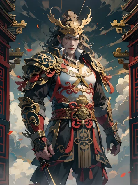 Chinese Ancient Times，Temple, Look up at the perspective，A middle-aged male, 50yearsold, Strong build，Headband helmet，Wearing gold armor, Standing in the clouds, One holds a sword，Place one hand on your chest，looks into camera，august, Cinematic lighting, i...