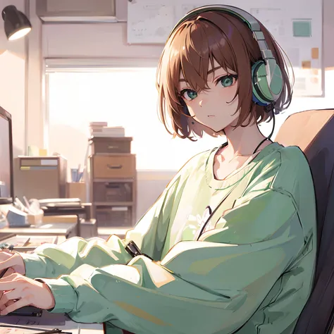 Japanese anime, beautiful young man, chestnut hair, bobbed hair, pastel green sweatshirt, evening, headphones, sitting at desk, stylish room, oblique angle,high quality, amount of drawing, pixiv illustration