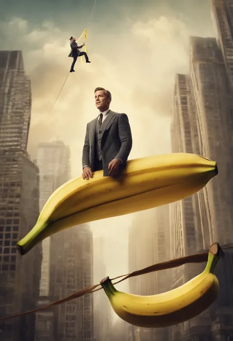 Illustrate a comical scene with a character balancing a top a giant banana peel on a tightrope high above a surreal banana cityscape, closeup, movie poster, surreal,