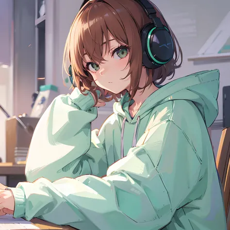 Japanese anime, beautiful young man, chestnut hair, bobbed hair, pastel green sweatshirt, evening, headphones, sitting at desk, stylish room, oblique angle,high quality, amount of drawing, pixiv illustration