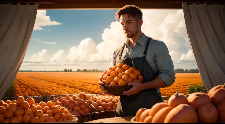 Illustration scene diagram,High quality,Soft lighting,Depth of field(degrees of freedom)，Sweet potato harvest ，A male farmer，There are clouds in the distance，sweet potato