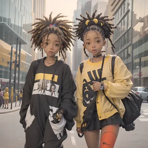 araffe girl with dreadlocks and a yellow shirt on a city street, portrait of willow smith, render of a cute 3d anime girl, portrait, super cute funky black girl, black anime manga girl, black teenage girl, willow smith young, light skinned african young gi...